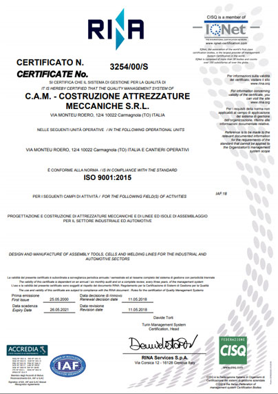 CAM azienda certificata Rina ISO 9001:2015